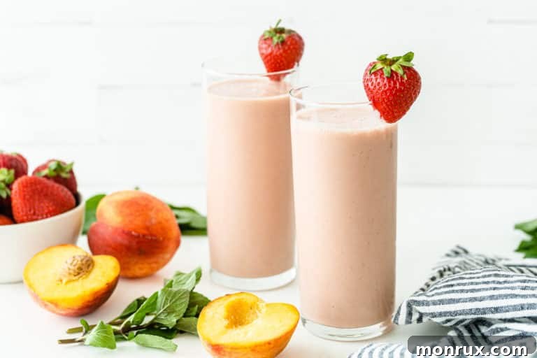 A close-up of a creamy strawberry peach smoothie.