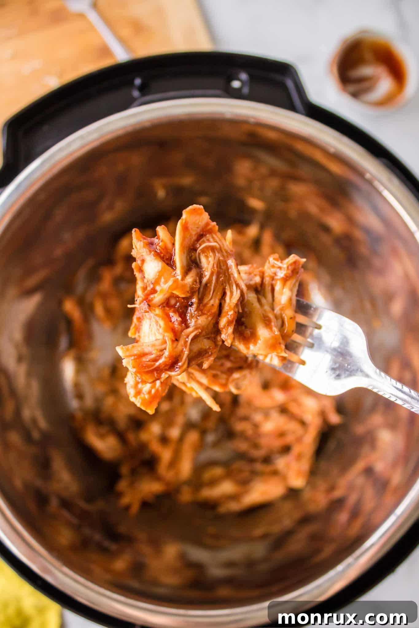 A bite of bbq chicken.
