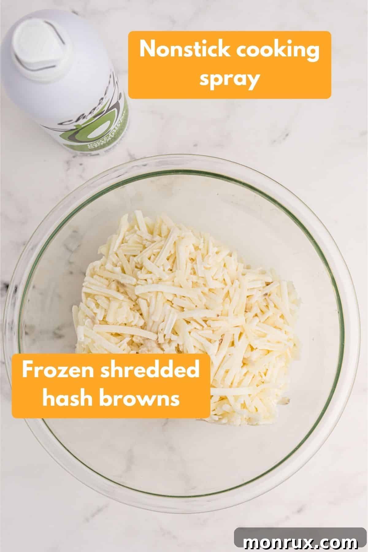 Ingredients for air fryer frozen hash browns including a bag of shredded potatoes and cooking spray.