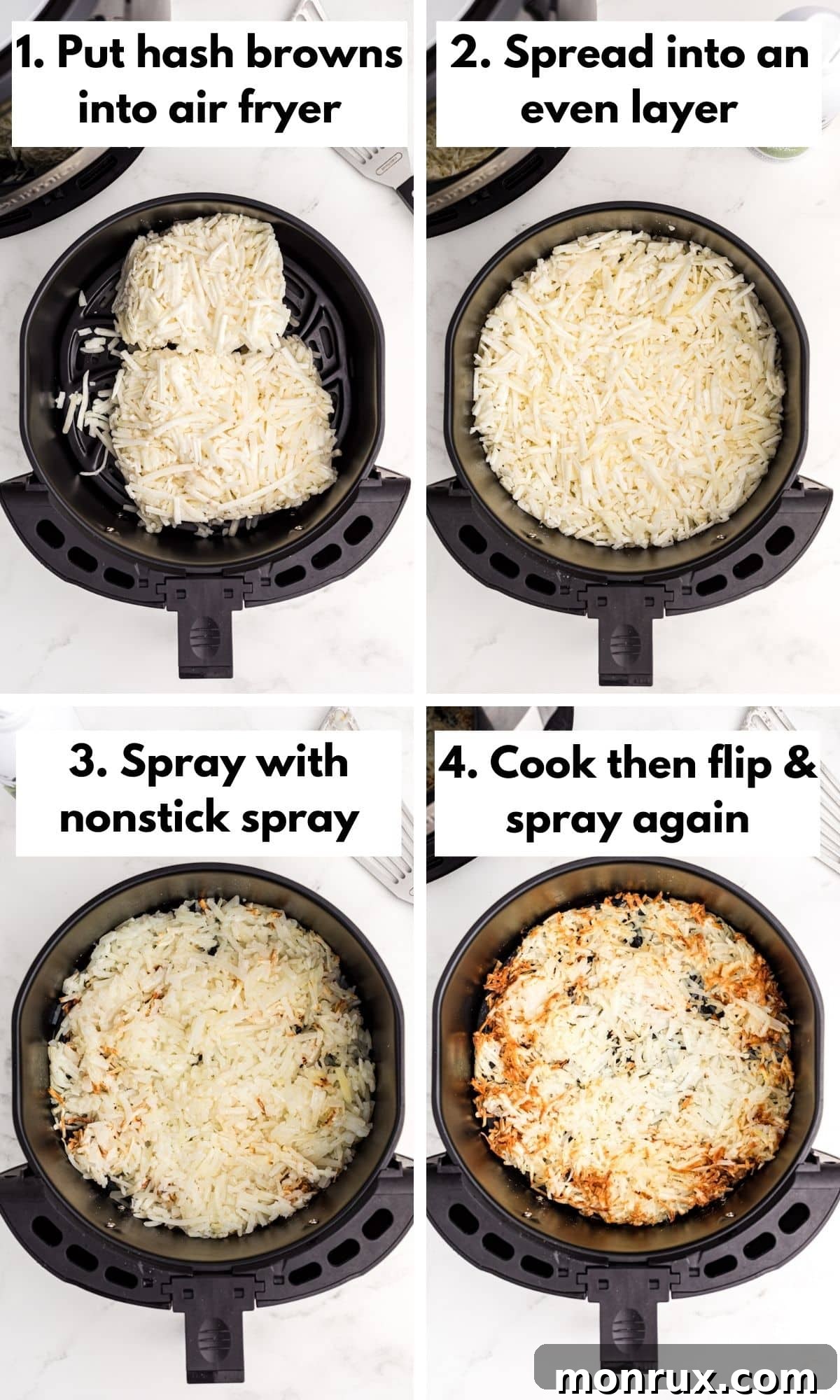 Frozen hash browns being spread evenly in an air fryer basket before cooking.