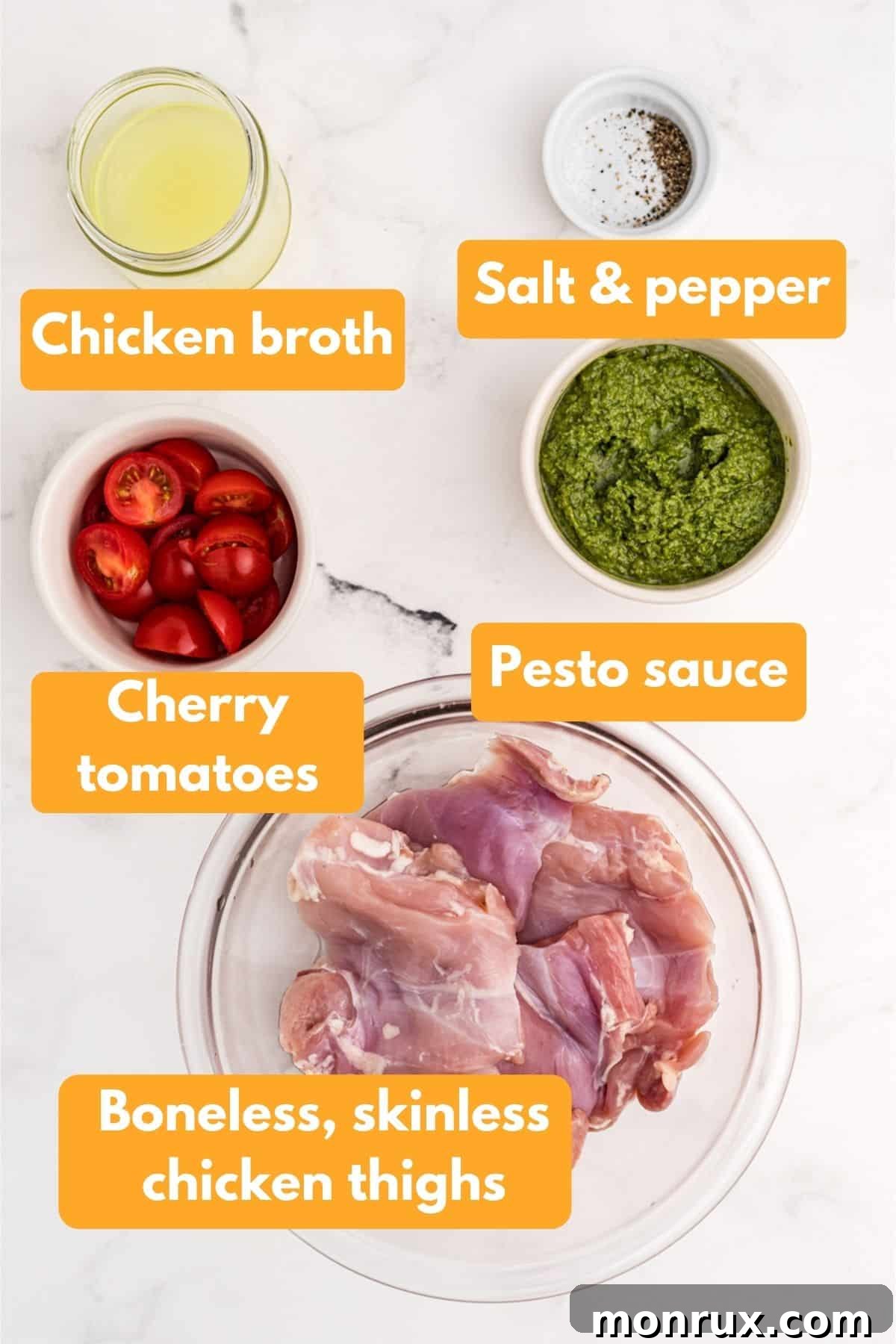 Various ingredients for Instant Pot Pesto Chicken including chicken, broth, tomatoes, and pesto.