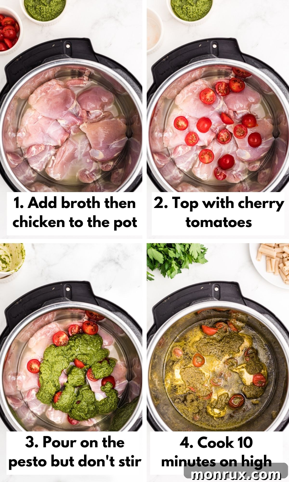 Close-up of Instant Pot with chicken, broth, and tomatoes before adding pesto.