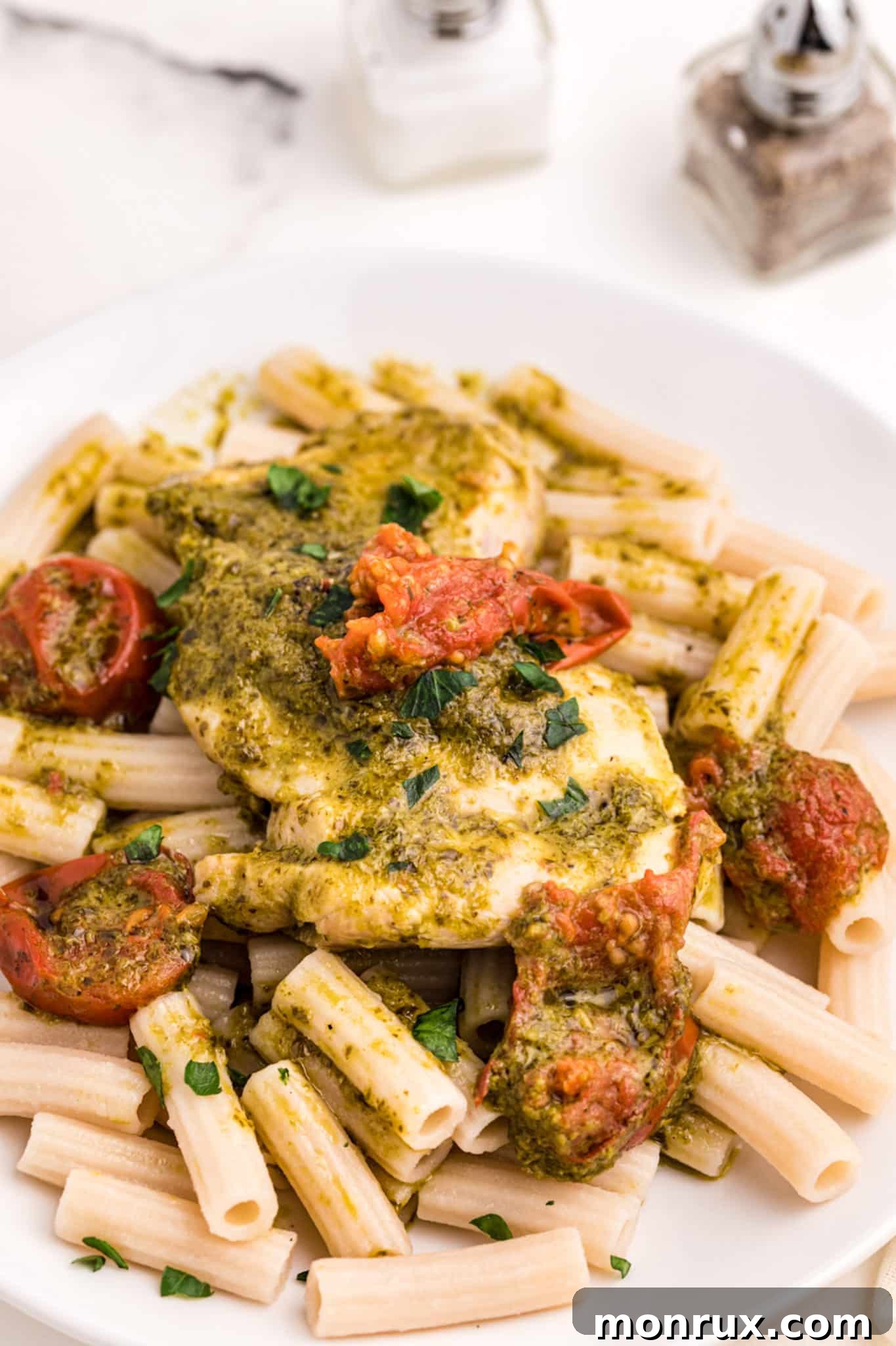Pesto chicken with pasta and fresh basil served on a white plate.