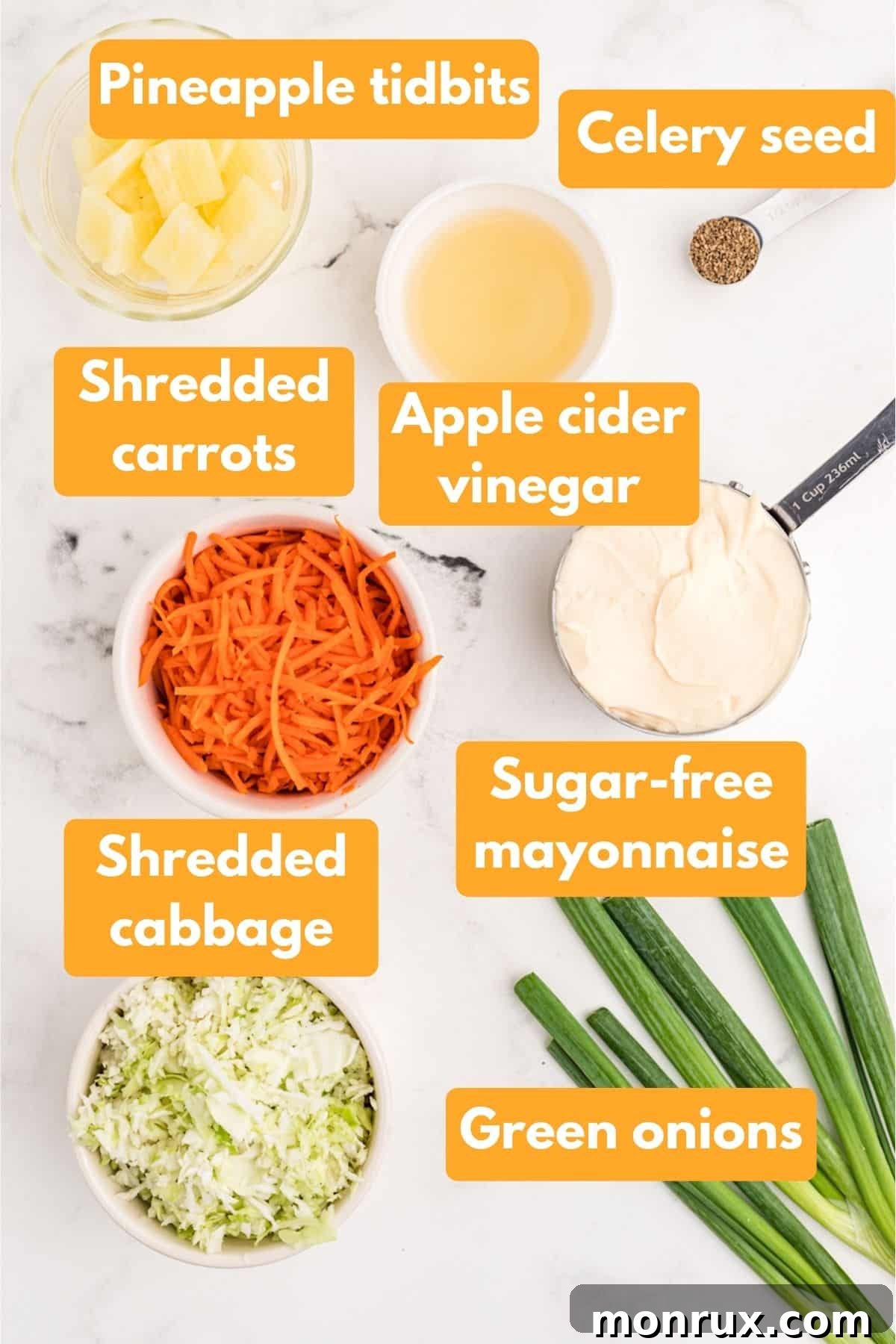 Fresh ingredients for Whole30 Coleslaw: shredded cabbage, carrots, pineapple tidbits, mayonnaise, apple cider vinegar, celery seed, and green onions.