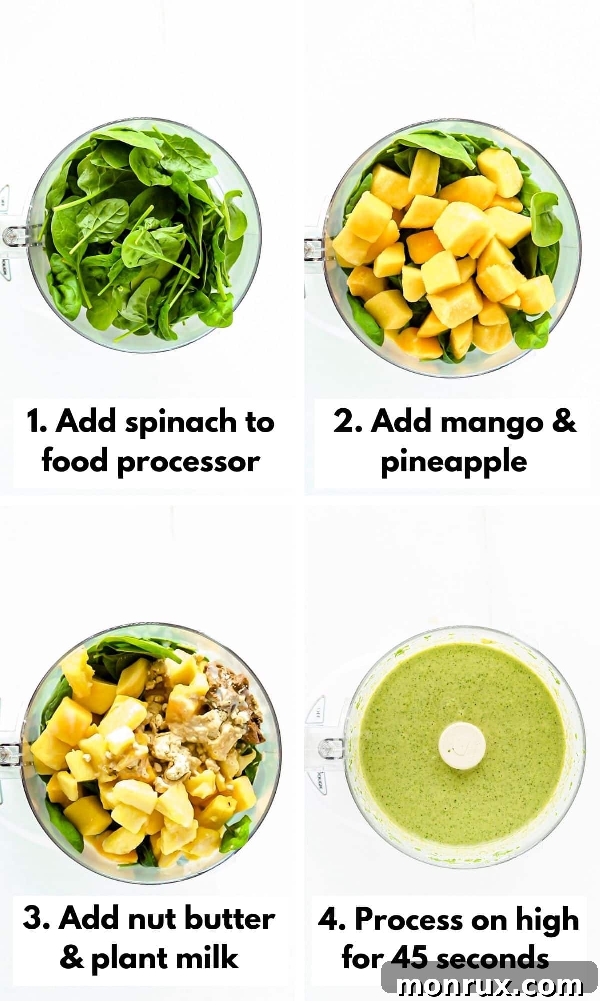 process photos for making a food processor smoothie.
