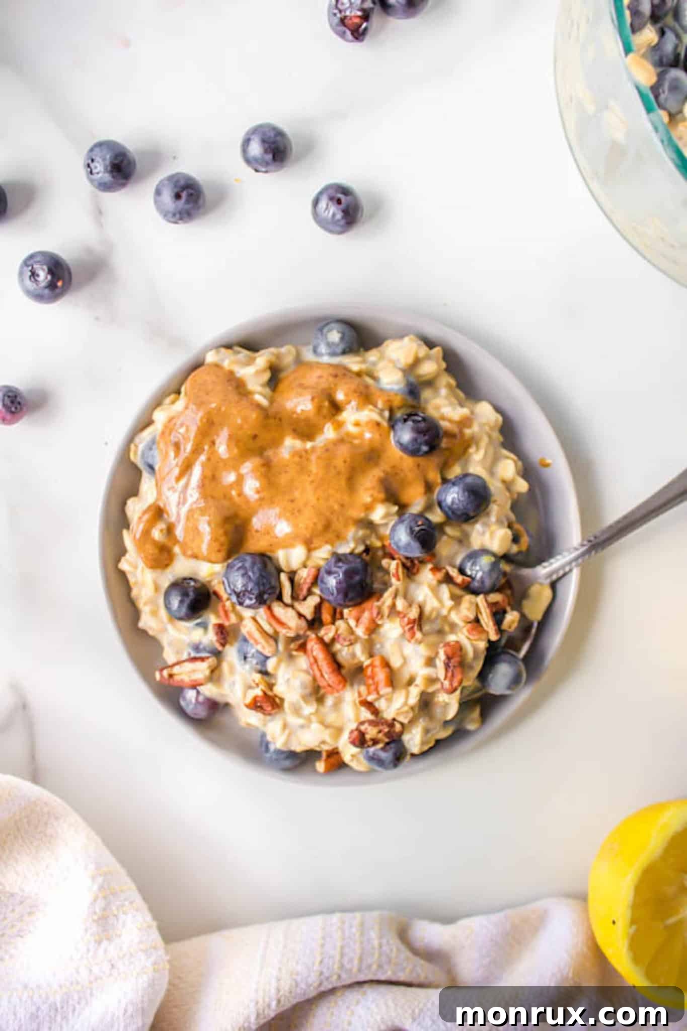 overnight protein oats with blueberries.