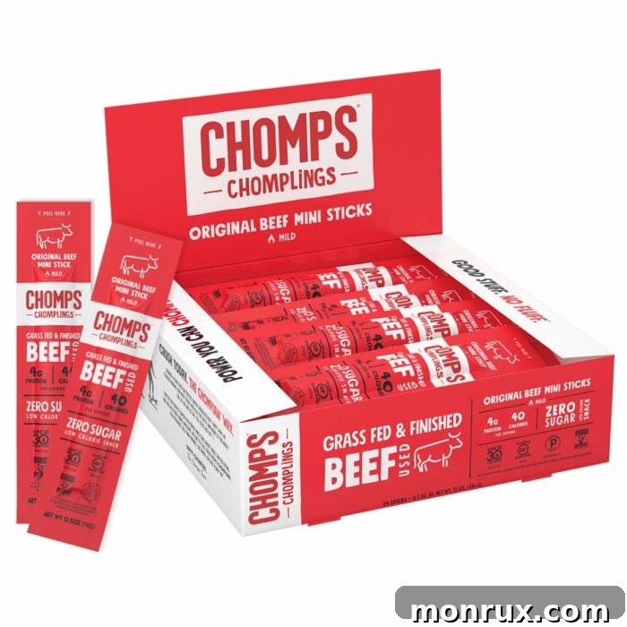Packaging of Chomps Grass-Fed Beef Jerky, featuring a vibrant design and emphasizing its clean ingredients.