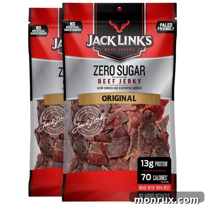 Package of Jack Link's Zero Sugar Beef Jerky, highlighting its commitment to no added sugar.