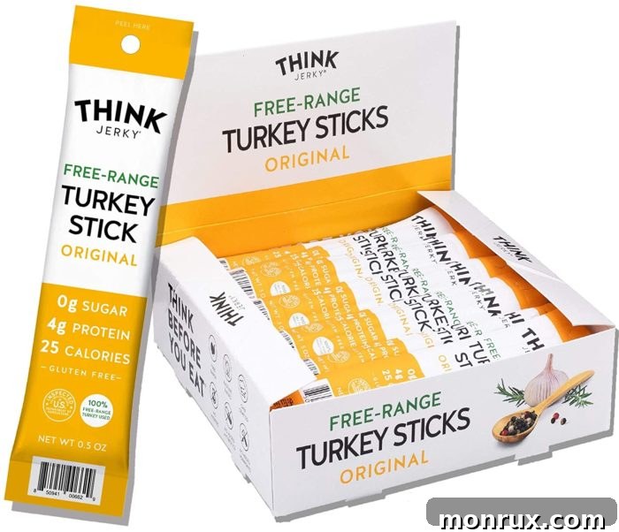 Think Free Range Turkey Sticks packaging, emphasizing natural and high-quality ingredients.