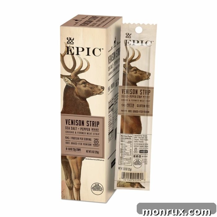 Epic Venison Strip packaging, showcasing the unique and protein-rich venison jerky.