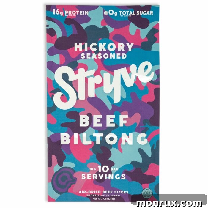 Stryve Hickory Seasoned Beef Biltong packaging, emphasizing its high protein and sugar-free profile.