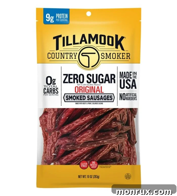 Tillamook Country Smoker Smoked Sausages packaging, showcasing a classic and savory meat snack.