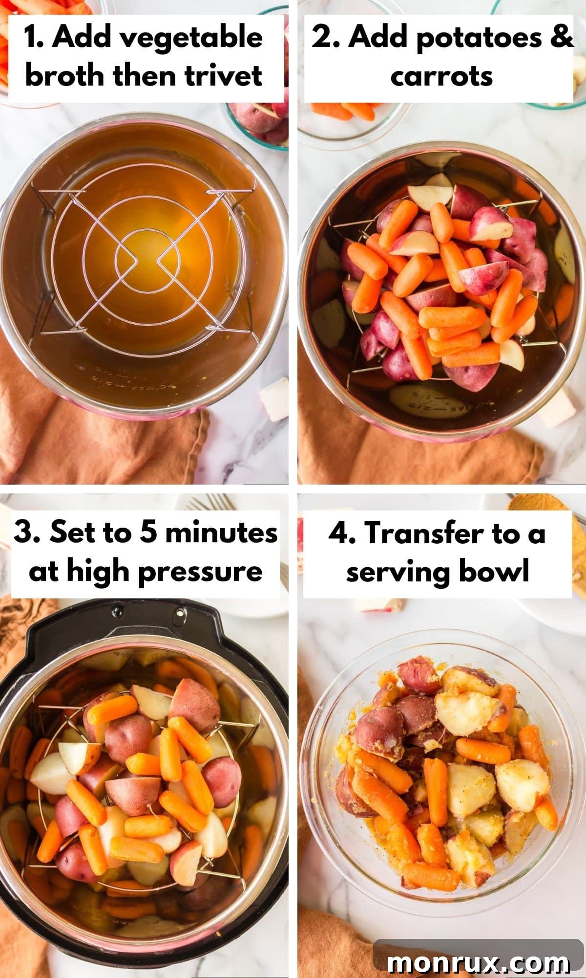 A visual guide showing the process of making instant pot potatoes and carrots, from placing ingredients in the pot to the final cooked dish.