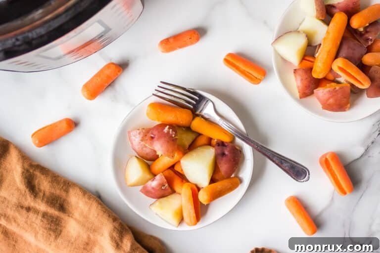 A generous serving of instant pot potatoes and carrots on a white plate, garnished with fresh herbs.