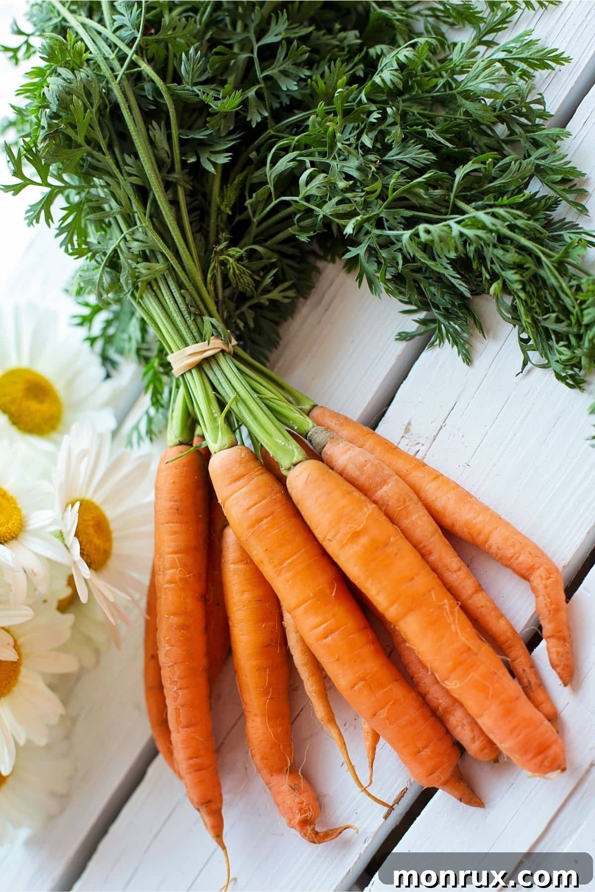 a bunch of carrots on white table, showcasing their natural appeal.