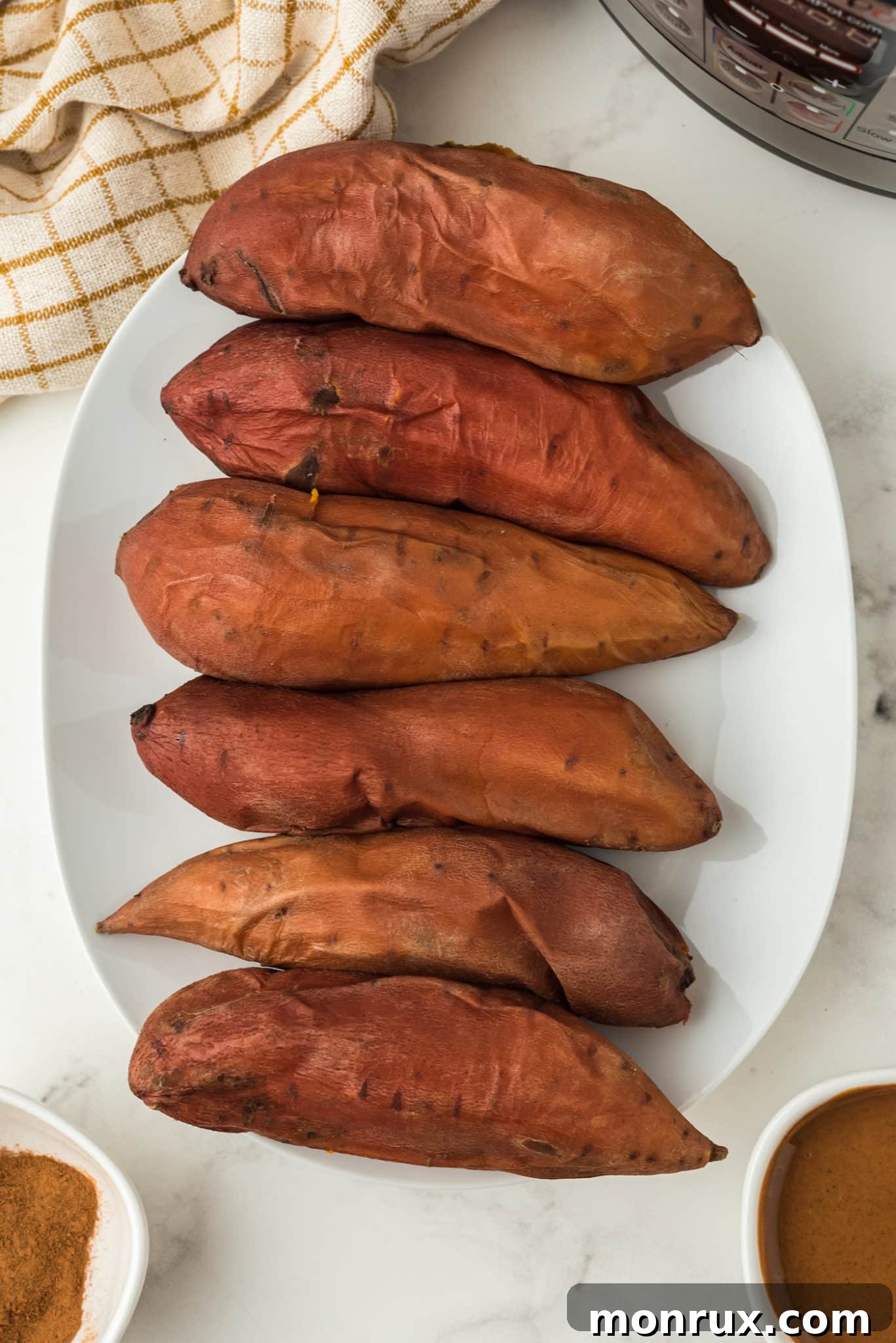 cooked sweet potatoes on table, looking appetizing and wholesome.