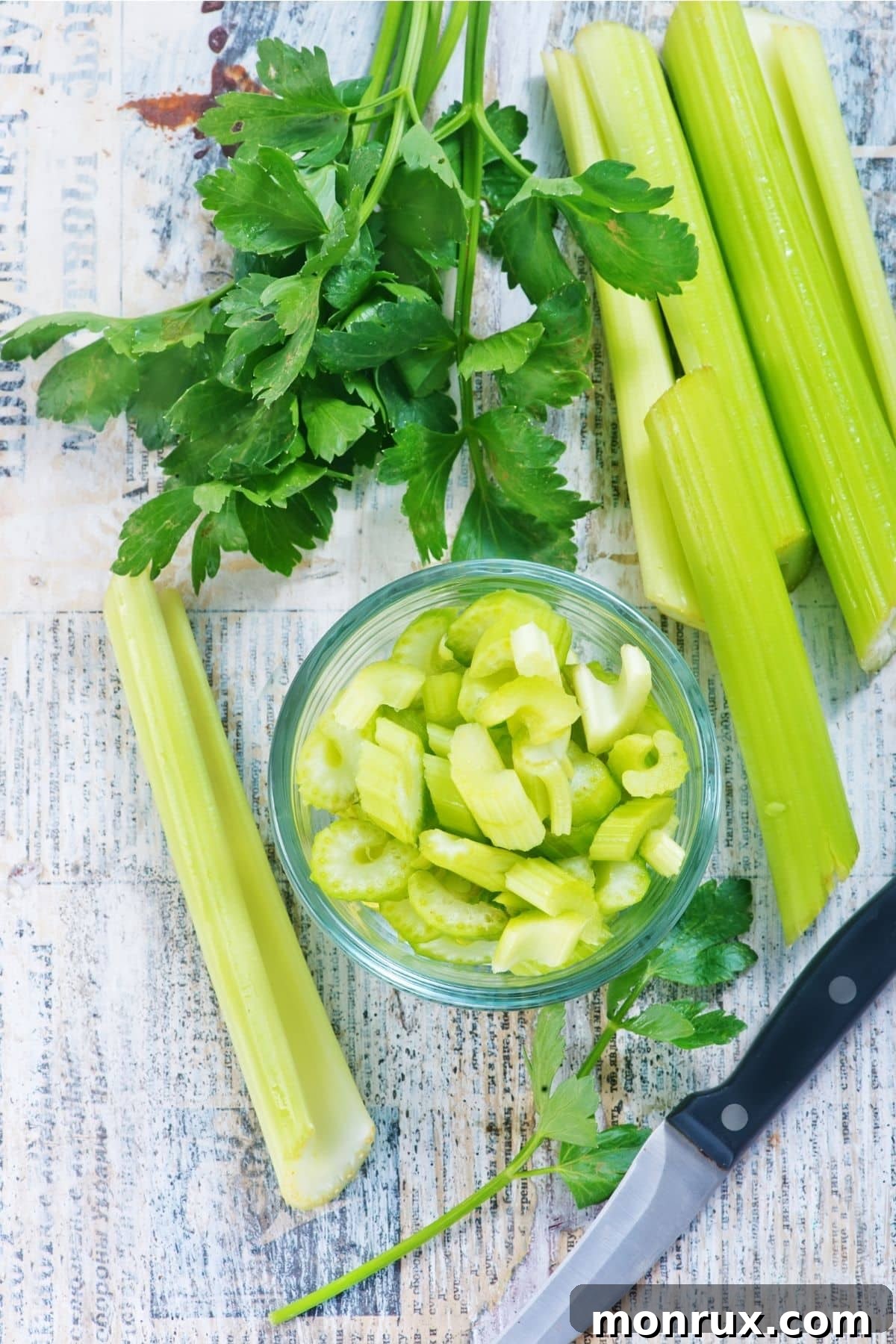 bowl of chopped celery on table, ready for a healthy snack.