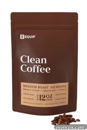 A vibrant bag of Equip Foods Clean Coffee, emphasizing its premium, health-conscious blend.