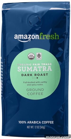 A package of Amazon Fresh Organic Fair Trade Sumatra Ground Coffee, highlighting its affordability and quality.