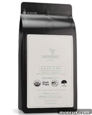 A stylish bag of Lifeboost Half Caff Coffee beans, emphasizing its organic, low-acid properties.