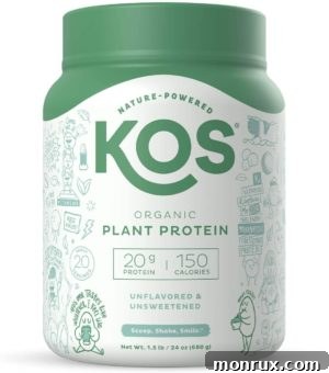 KOS Dairy Free Protein Powder, a plant-based blend with added fruits and vegetables.