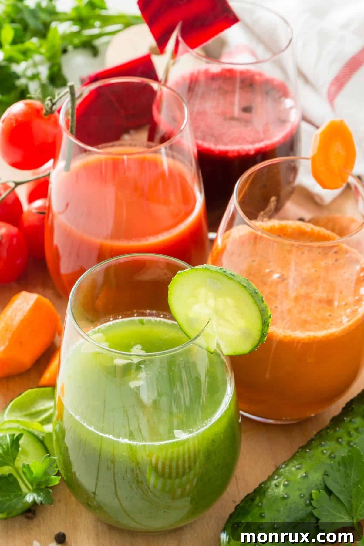 Three vibrant glasses of freshly prepared fruit and vegetable juices sit on a rustic wooden table, suggesting healthy homemade beverages.
