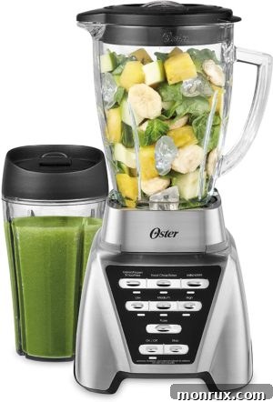 A compact Oster blender with a glass jar and a personal travel cup, perfect for budget-conscious users.