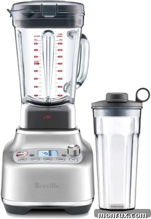 A sleek, modern Breville Super Q Countertop Blender in a stainless steel finish, designed for both performance and aesthetic appeal.