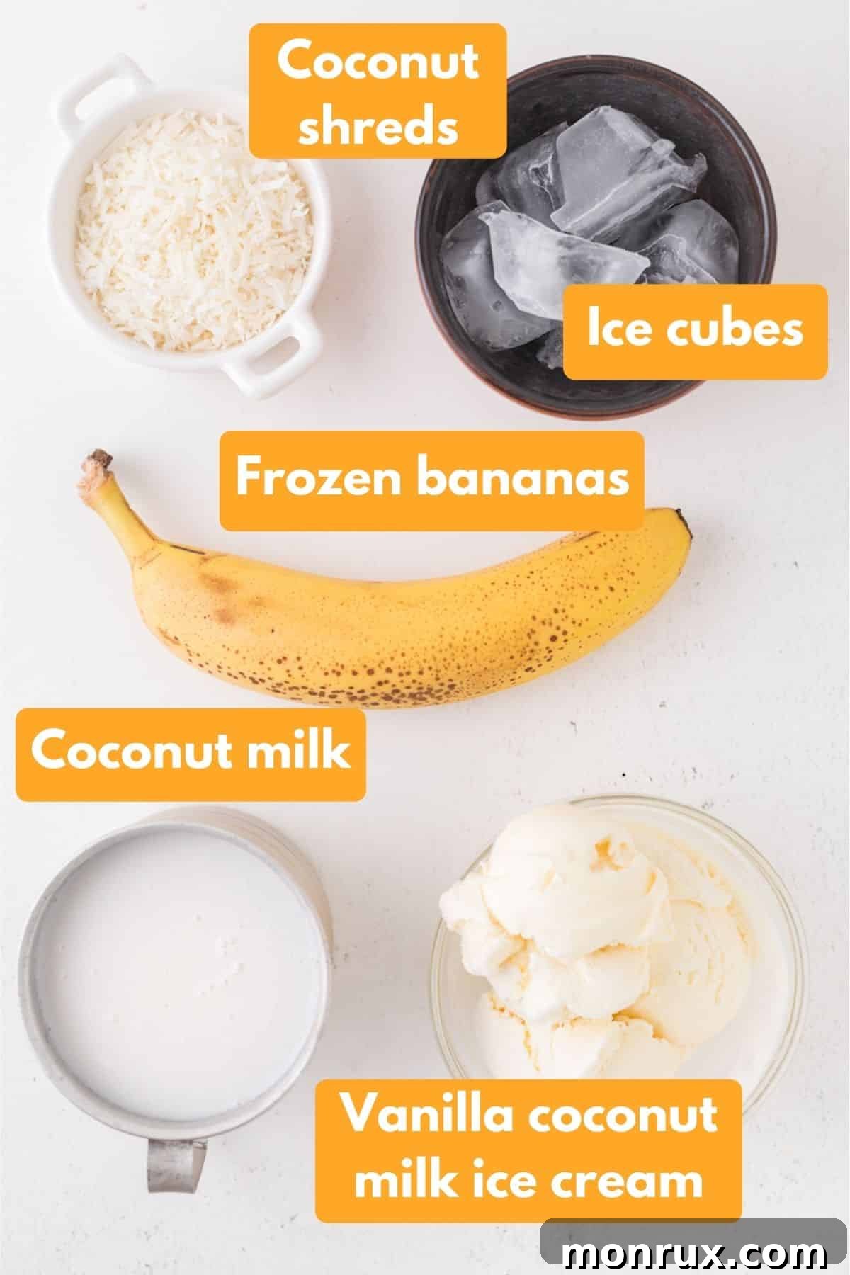All the key ingredients for making a delicious coconut shake laid out on a table with labels.