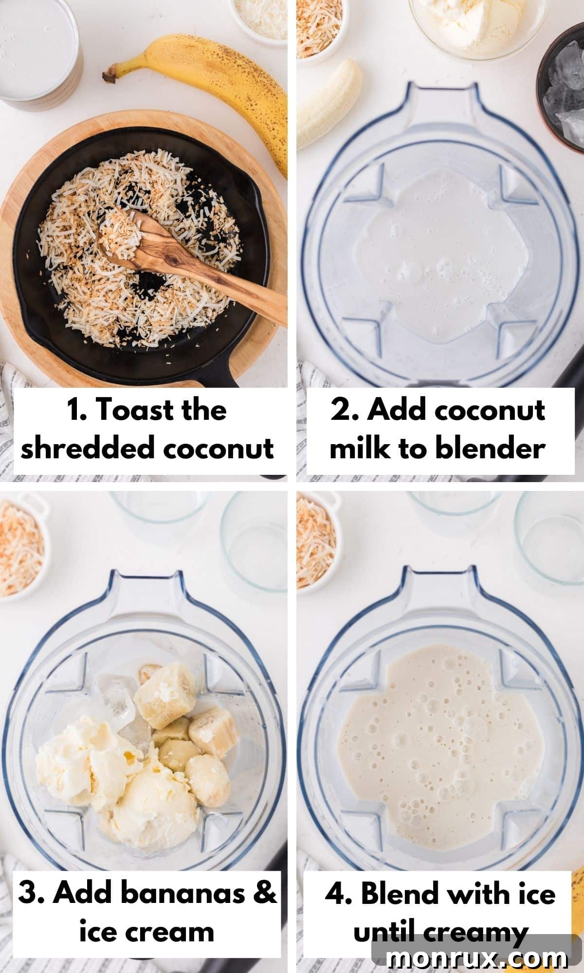 Four illustrative steps on how to prepare a coconut shake in a blender.