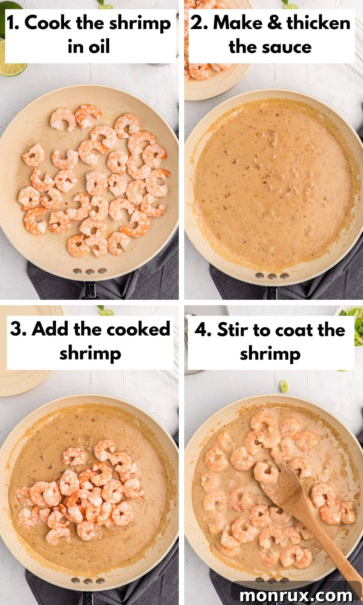 A photo collage illustrating the various stages of making creamy coconut shrimp, from cooking the shrimp to simmering the sauce.