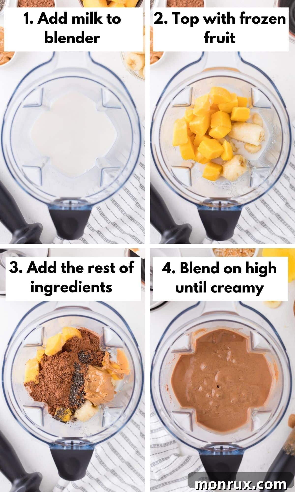 A visual step-by-step guide showing the process of making a chocolate smoothie bowl, from blending ingredients to pouring into bowls and adding toppings.