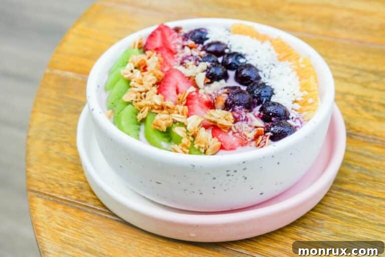 smoothie bowl with healthy fruit toppings.