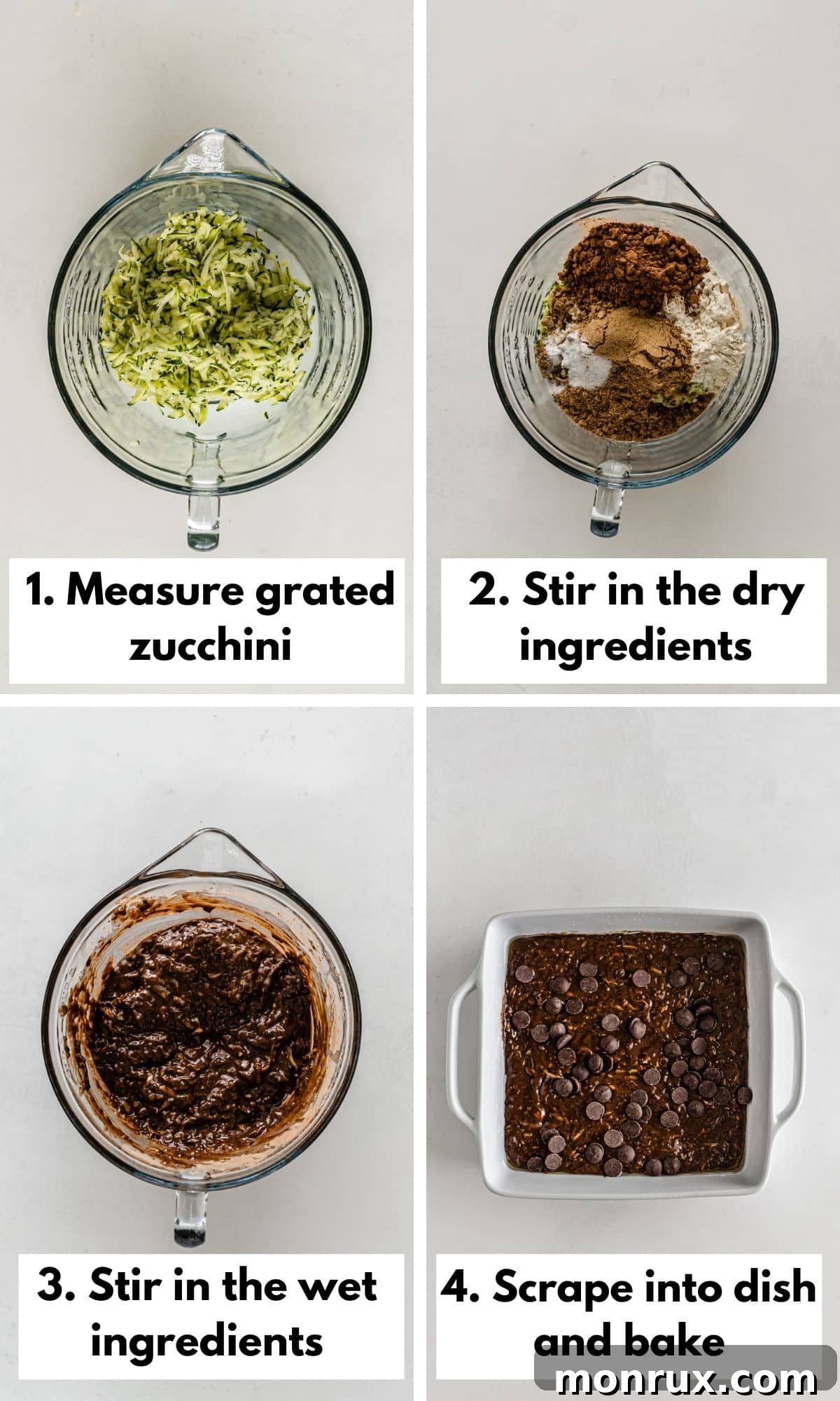 Step-by-step photos showing the process of mixing ingredients for vegan zucchini brownies in a bowl.