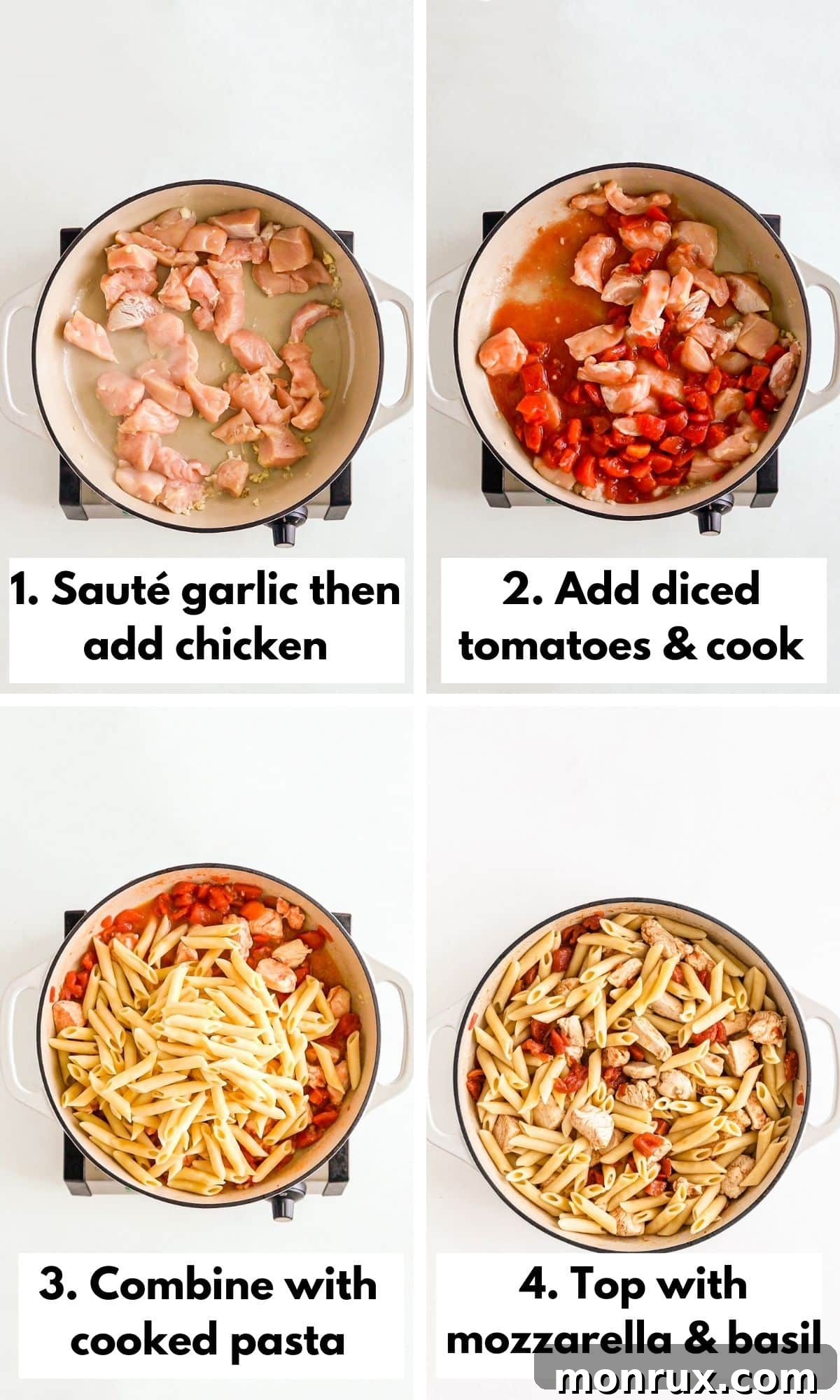 Sequential photos showing how to make tomato basil pasta: cooking pasta, sautéing chicken and tomatoes, combining ingredients.