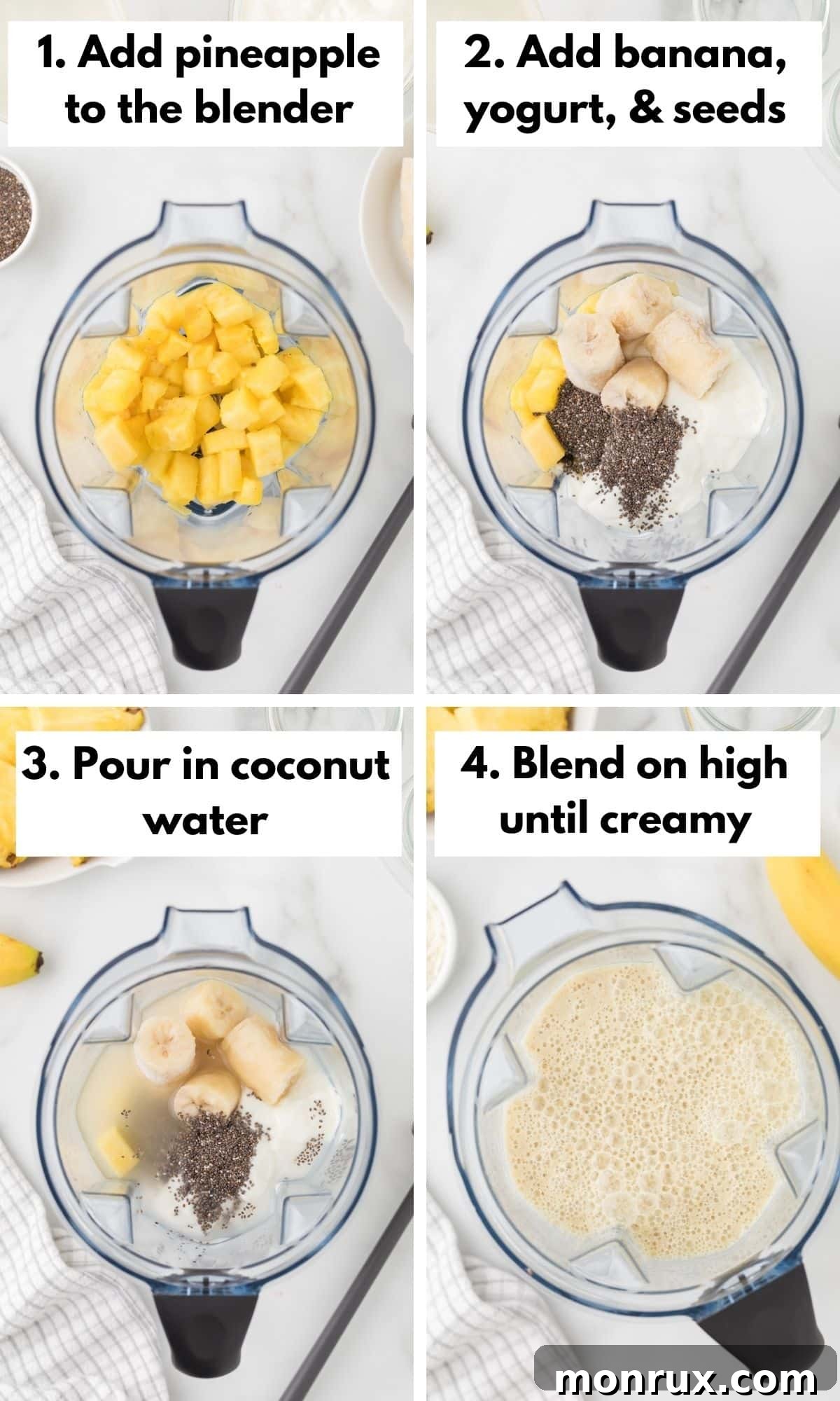 A blender filled with ingredients for a pineapple banana smoothie, ready to be blended into a creamy drink.