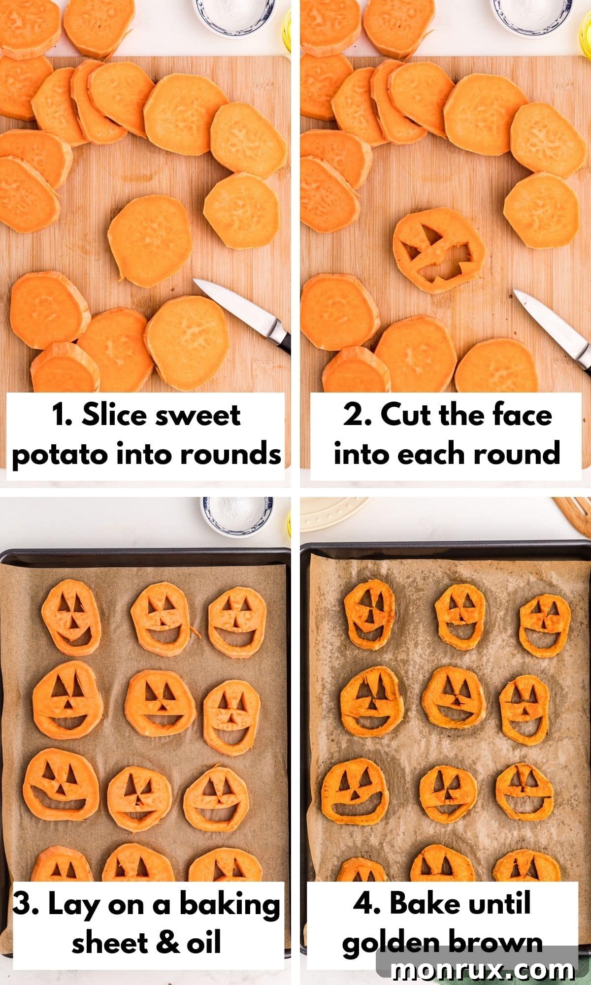 A sequence of images demonstrating how to prepare and carve sweet potato rounds into charming Jack O'-Lantern faces for baking.