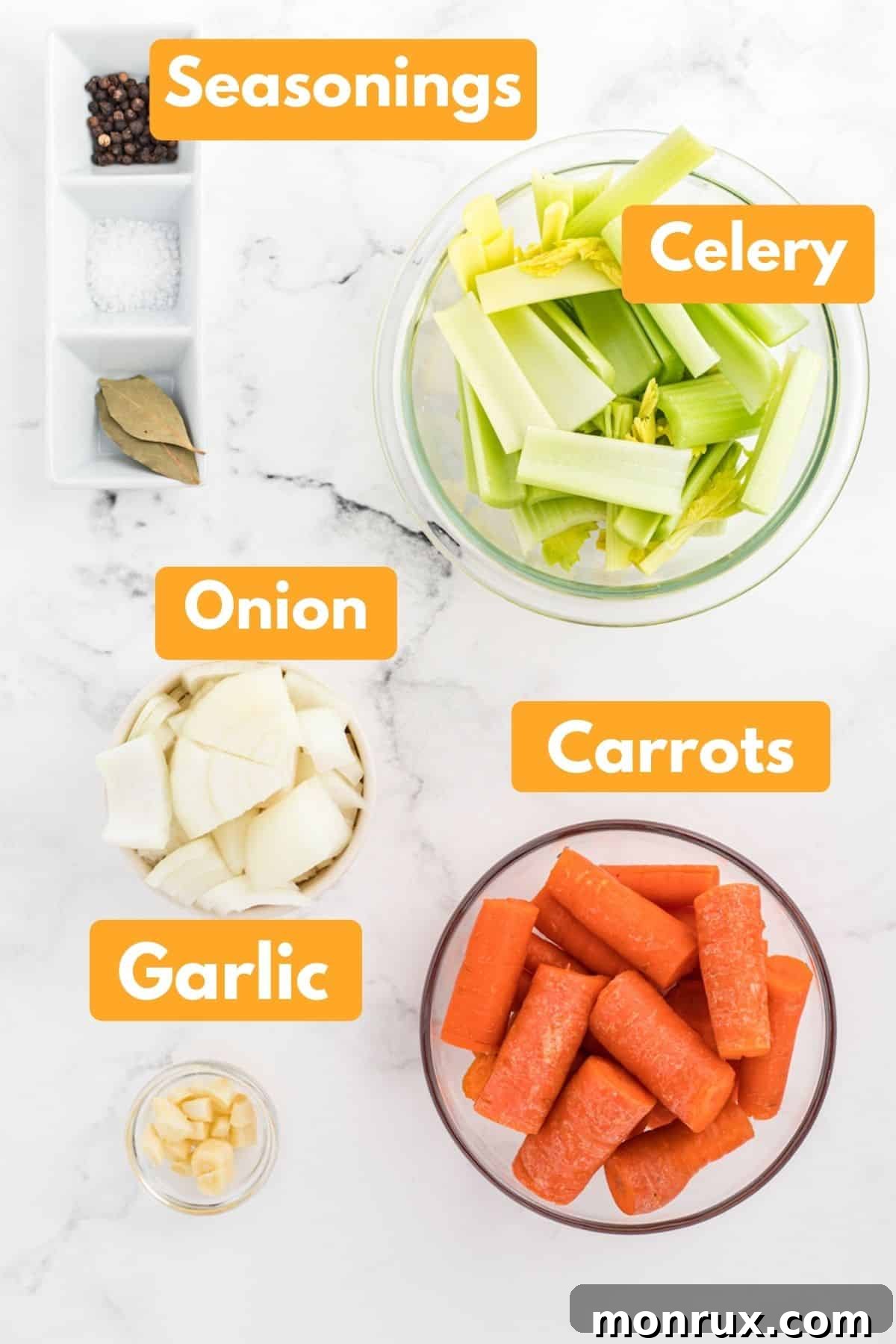 photo with labeled ingredients for instant pot vegetable broth.