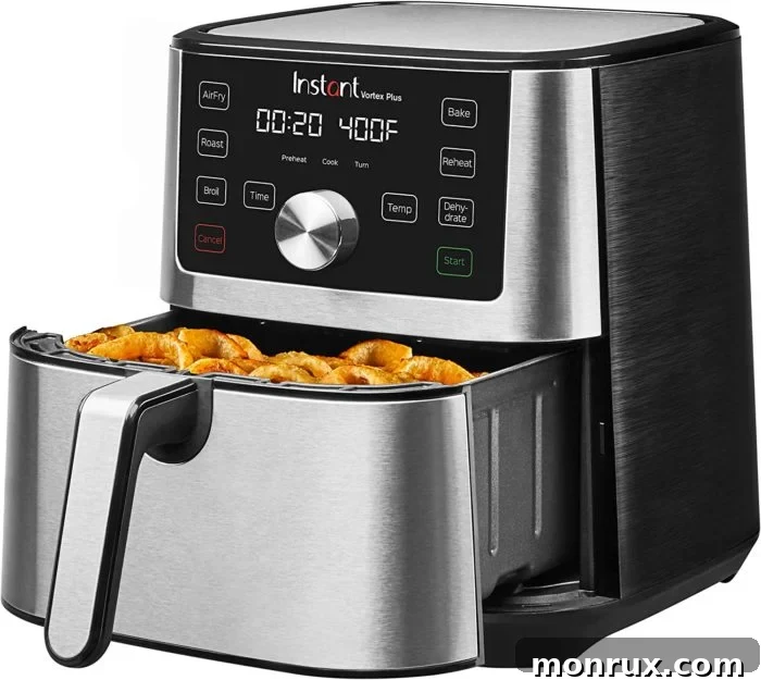 The Instant Vortex Plus 6-in-1 Air Fryer, featuring a modern digital touchscreen for intuitive cooking and versatile kitchen functions.