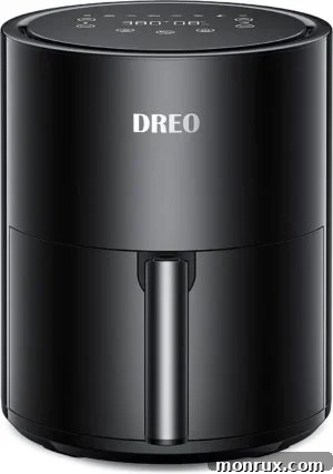A sleek and compact Dreo Air Fryer, noted for its higher temperature capability and easy-to-clean nonstick basket, making it ideal for camping.