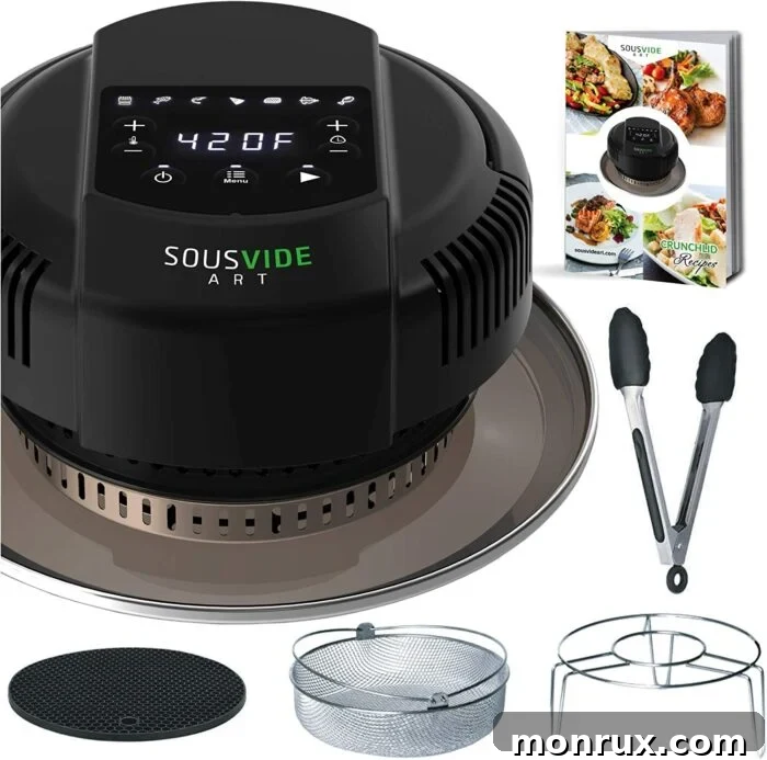 An air fryer lid attachment designed for an Instant Pot, providing a space-saving 7-in-1 cooking solution for those who already own a pressure cooker.