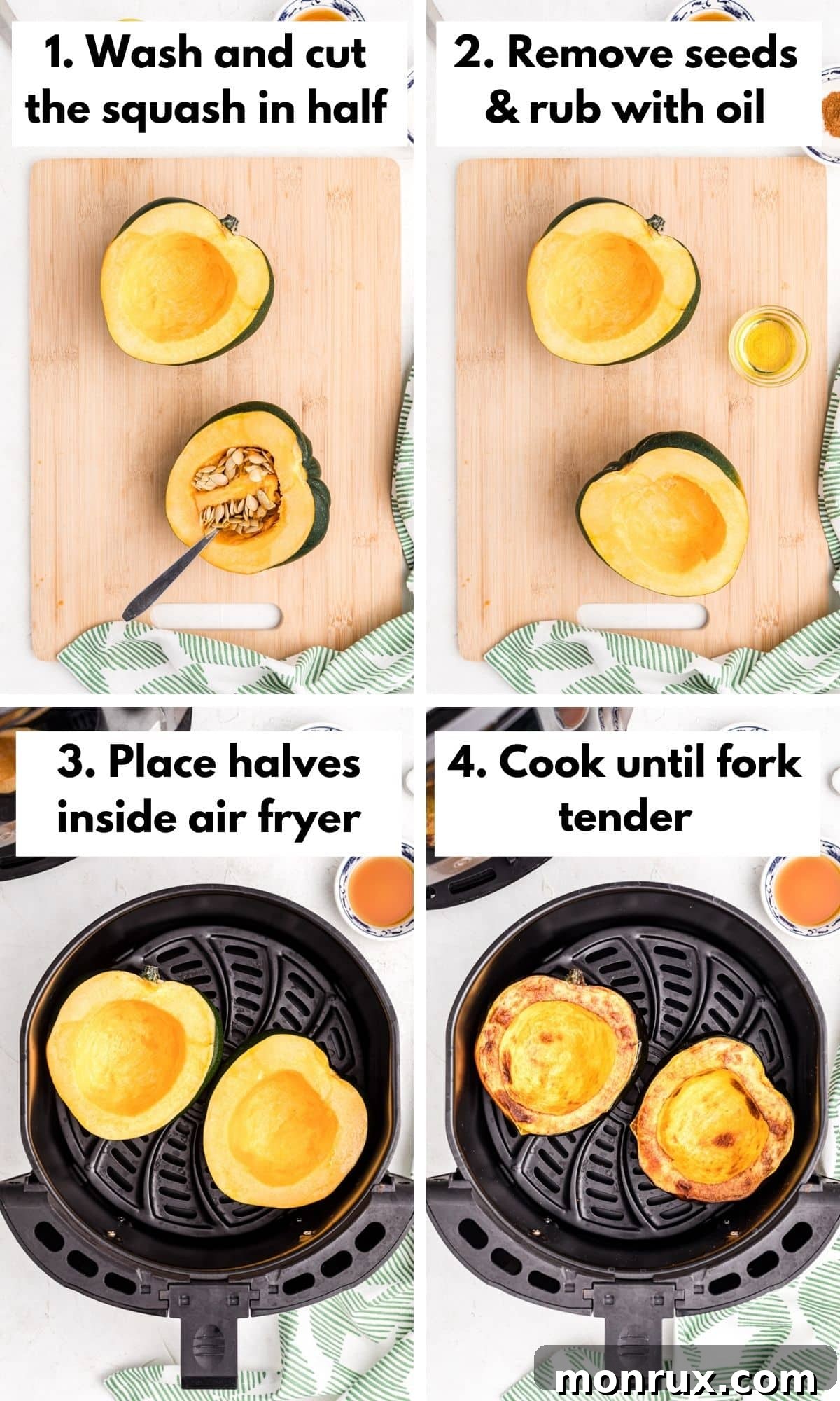 A step-by-step visual guide showing how to prepare and cook acorn squash in the air fryer, from cutting to oiling.