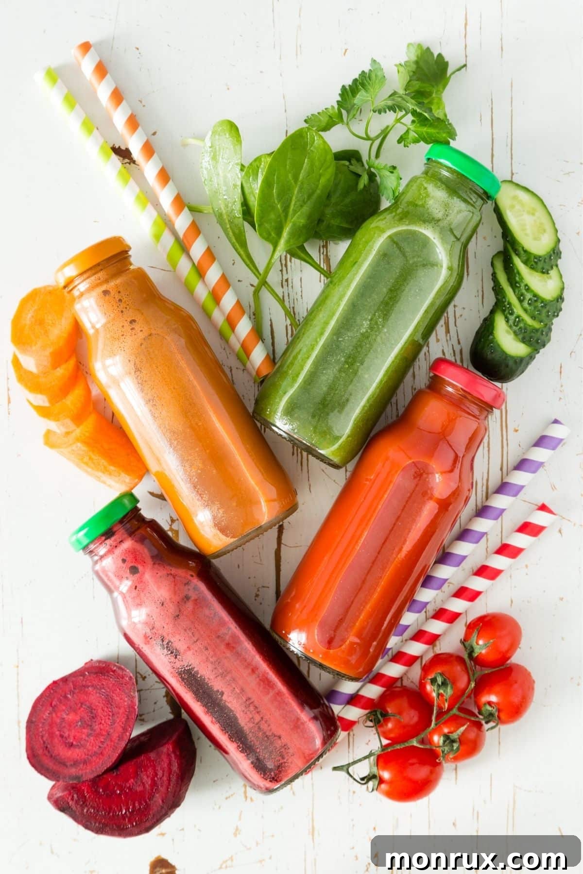 Colorful vegetable juices in glass jars on a wooden table, emphasizing healthy, vibrant drinks for weight loss.