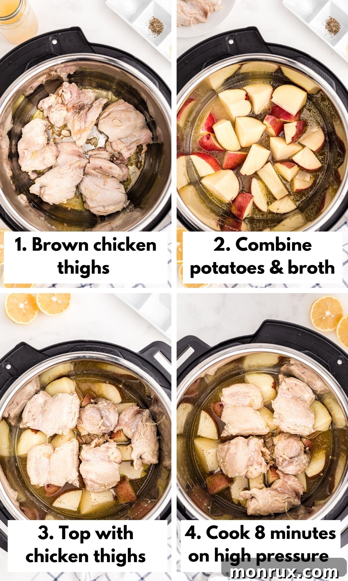 A close-up shot of raw chicken thighs being browned in the Instant Pot, the first step in preparing the meal.