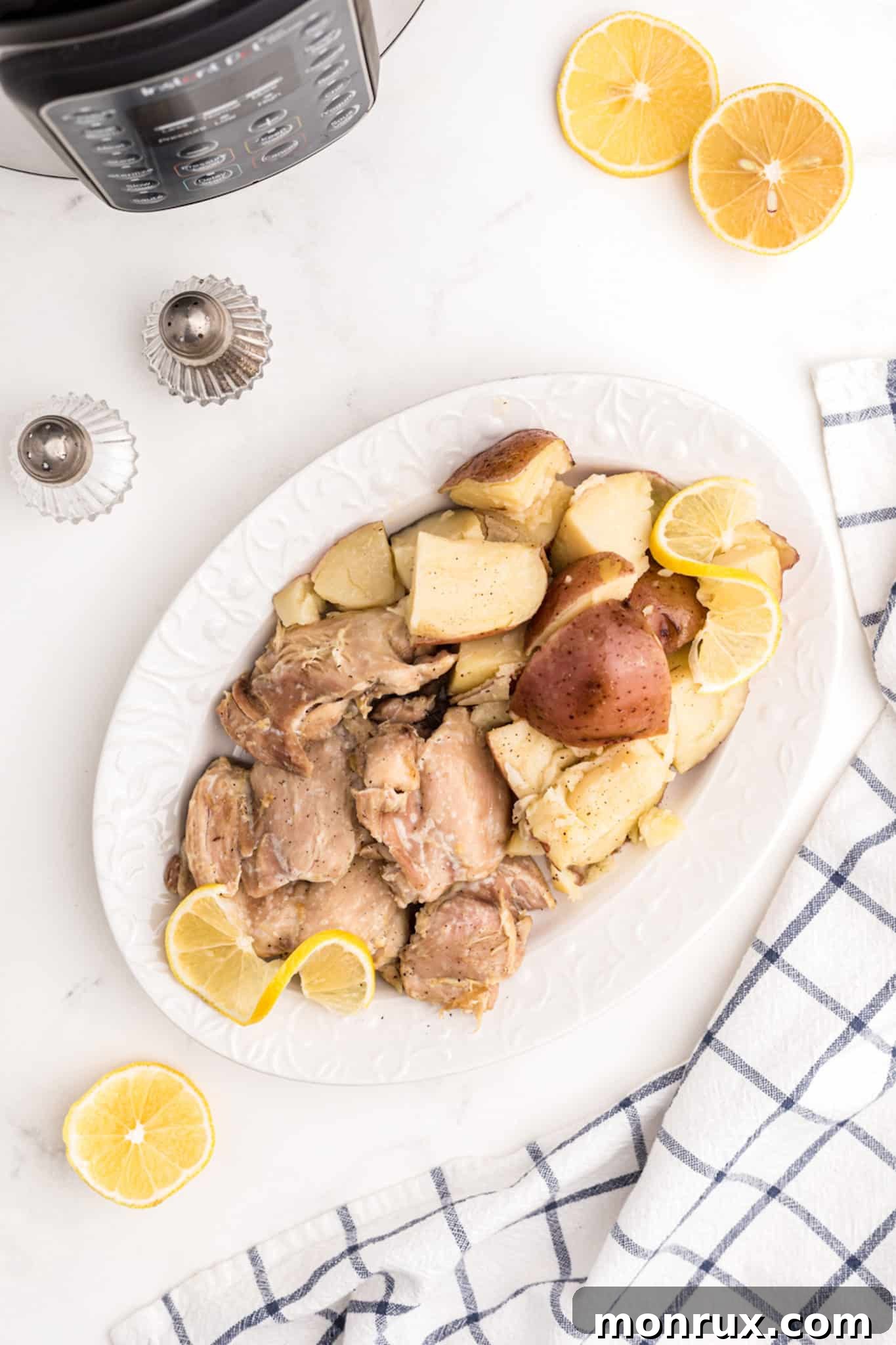 A close-up of the finished Instant Pot chicken and potatoes, perfectly cooked and ready to be enjoyed.