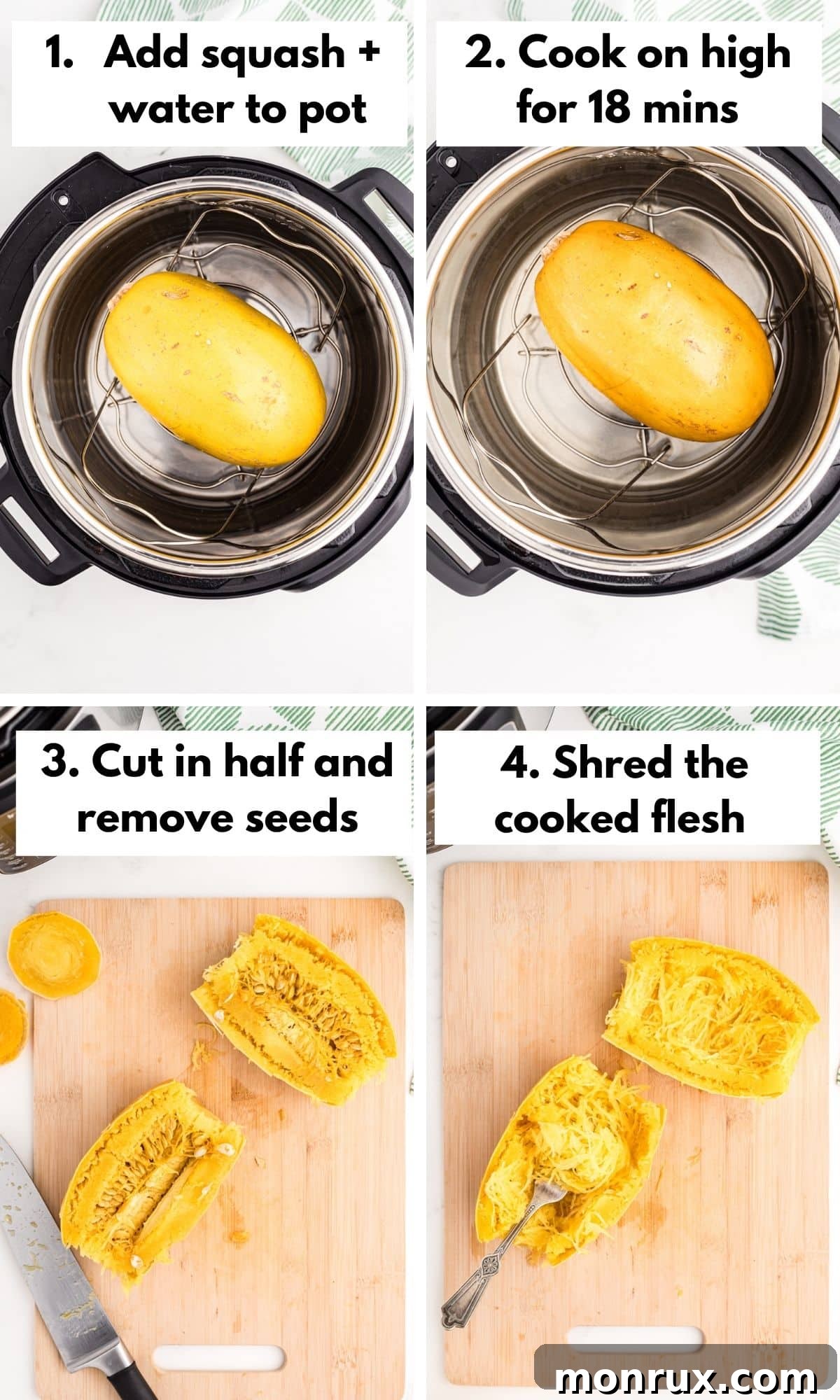 A collage showing the simple steps to cook whole spaghetti squash in an Instant Pot.