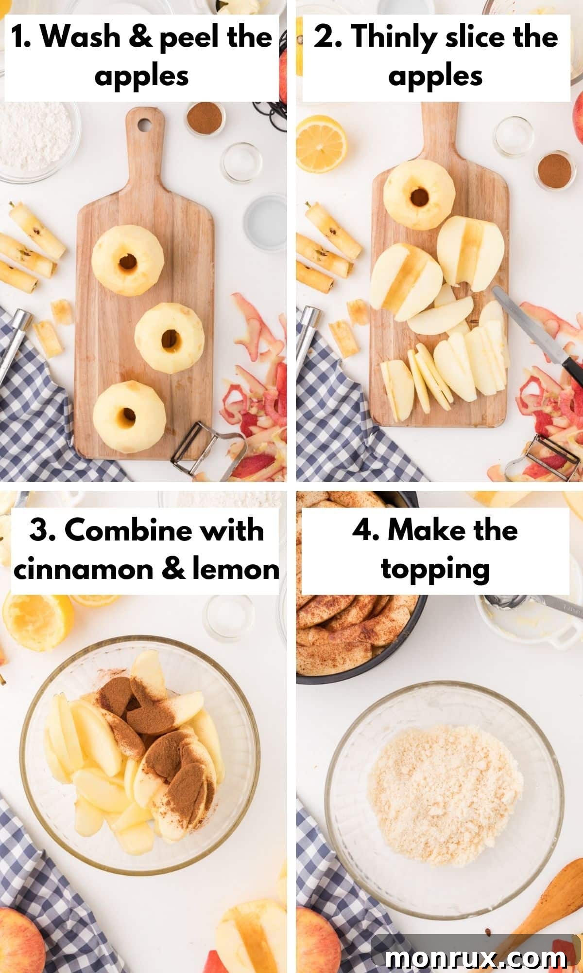 Cored and thinly sliced apples in a bowl with cinnamon, next to a bowl of crumble topping ingredients.