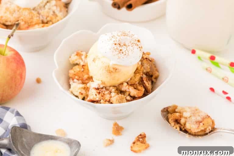 Air Fryer Apple Crisp served in a bowl with a scoop of ice cream.