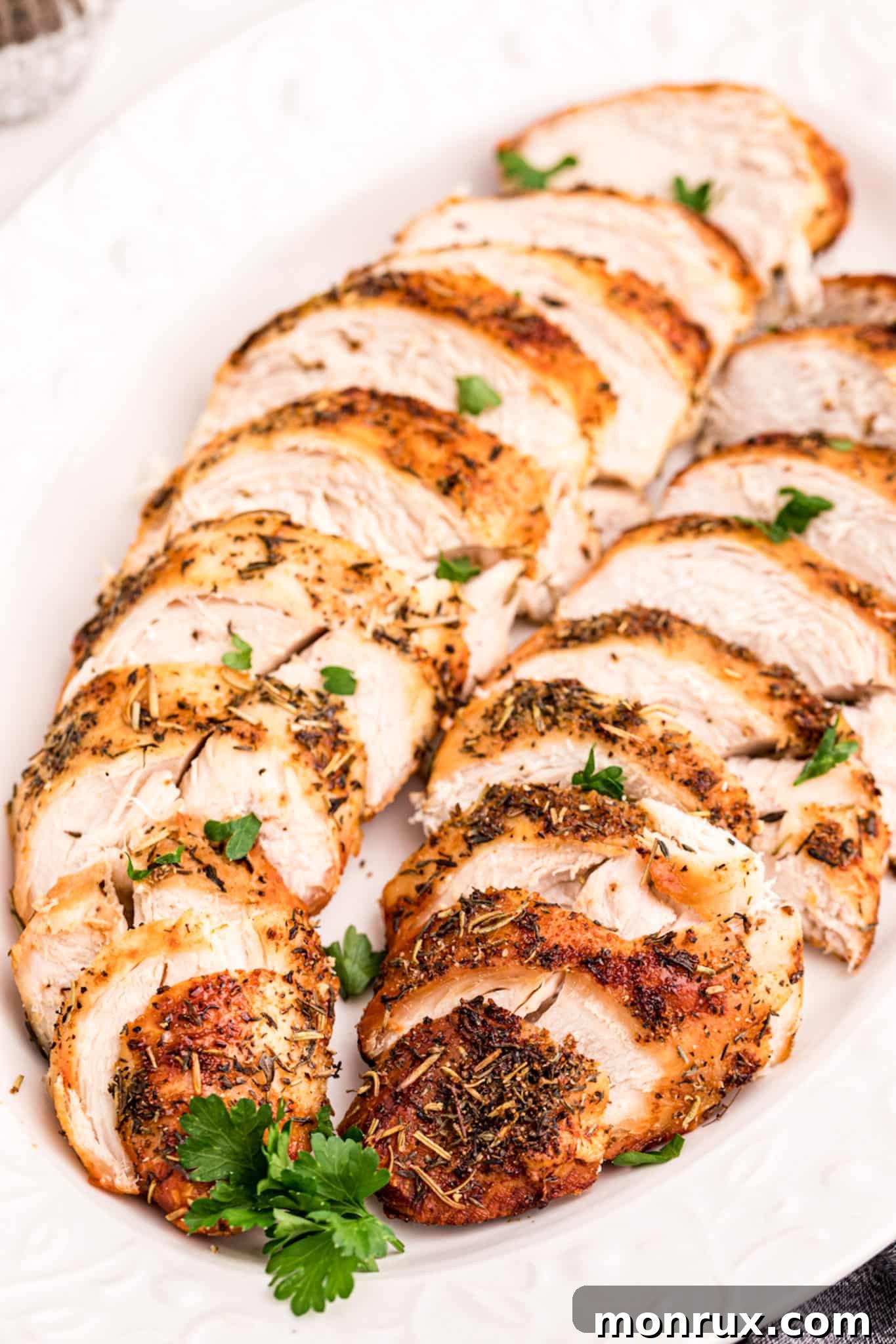 sliced air fryer turkey tenderloins on a serving platter.