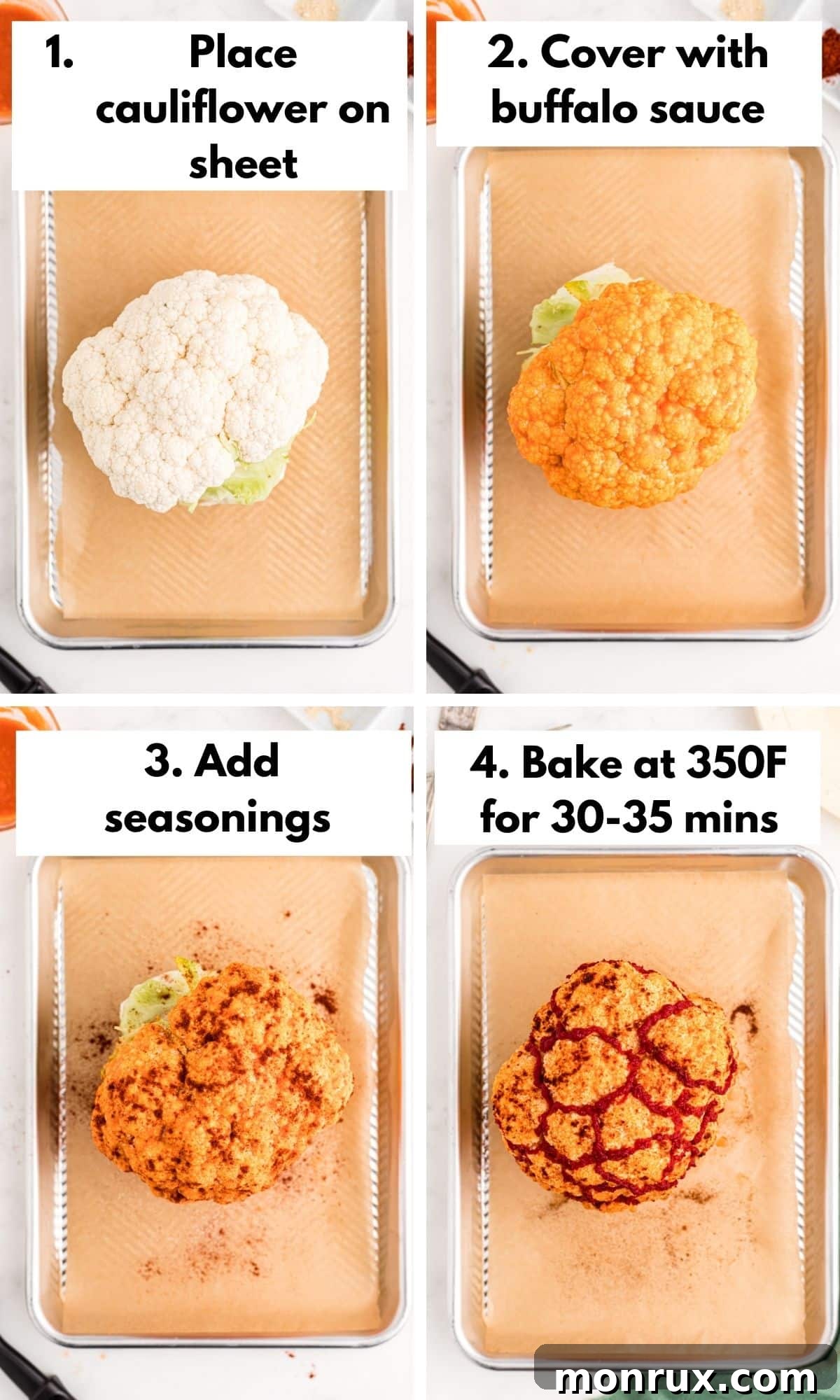 A collage of process photos showing how to prepare the roasted cauliflower brain: first, a cleaned cauliflower on a baking sheet; second, brushing it with buffalo sauce; third, piping tomato paste into its crevices; fourth, the finished roasted cauliflower brain.